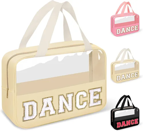 Vista 21 de izuzta Bolsas de maquillaje transparentes tipo tote con letras de chenilla, bolsa de maquillaje preppy con asa, Moda