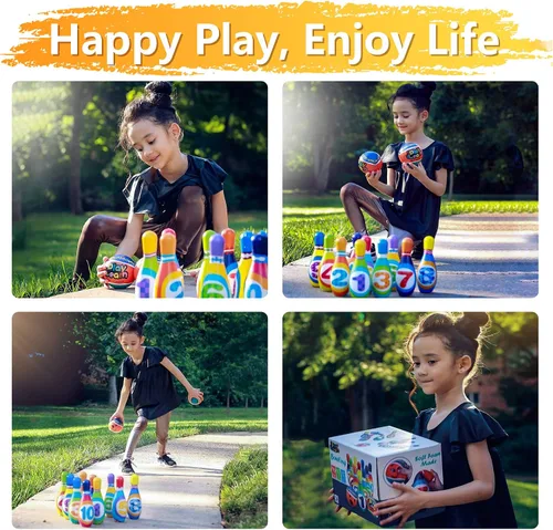 Vista 8 de iPlay, iLearn Juego de juguetes de bolos para niños, juego de actividades para interiores y exteriores, juego de 10 pines de espuma suave y dos