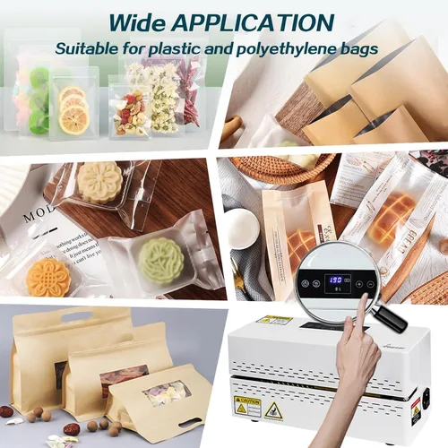 Vista 6 de Phezer Máquina de sellado térmico continuo, sellador automático de bolsas de plástico con control digital de temperatura, sellador térmico de banda