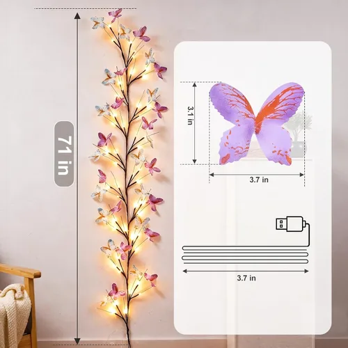 Vista 3 de Willow - Luz de vid con mariposa 48 LED de 5.9 pies, decoración de pared encantada, 8 modos de luz para decoración de pared interior del hogar