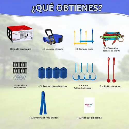 Vista 7 de Ninja Warrior - Carrera de obstáculos para niños, kit de línea floja de 2 x 56 pies con 10 accesorios ninja, barra de mono, escalera de cuerda