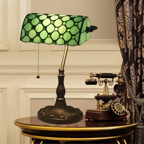 Vista 3 de Bankers Lamp Green Tiffany Antique Table Vintage Glass Retro with Pull Switch E27 Bedside Office Light for Desk Livingroom