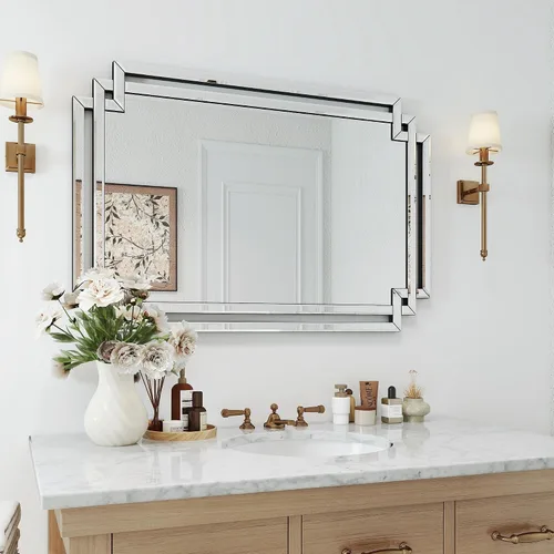 Vista 6 de Espejo decorativo para decoración de pared, elegante espejo de sala de estar de 24 x 36 pulgadas con piezas de vidrio y borde biselado, moderno