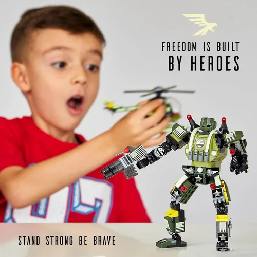 Vista 3 de JITTERYGIT Conjunto de juguetes de regalo con mech de robot del ejército, helicóptero militar creativo STEM, kit de bloques de construcción