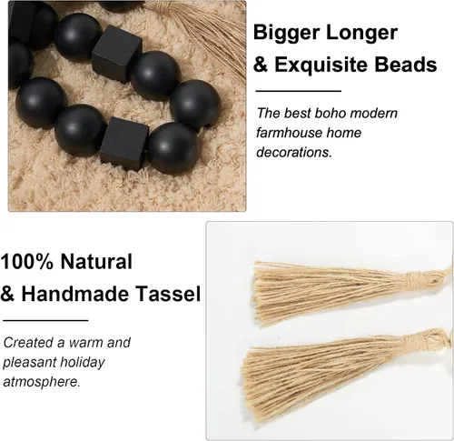Vista 204 de OMISHE Guirnalda de cuentas de madera extra grande con cuentas de madera y borlas de 1.6 pulgadas de diámetro, cuentas decorativas rústicas de 41
