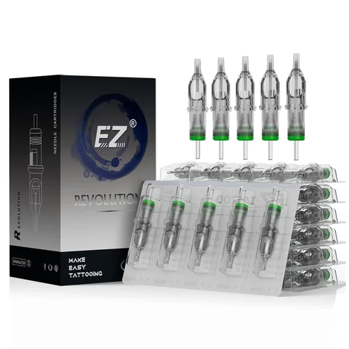 Vista 9 de EZ 100 agujas de cartucho de tatuaje Revolution surtidas 3RL 5RL 7RL 5RS 7RS 7M1 9M1 11M1 9CM 15CM con 2 agarres de aluminio agujas de tatuaje