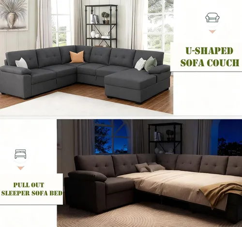 Vista 3 de asunflower Sofá cama modular con almacenamiento de 118 pulgadas, sofás seccionales en forma de U para sala de estar, sofá cama de gran tamaño de 6 a