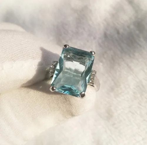 Vista 3 de LVSHI Anillo vintage de plata 925 con piedras preciosas de aguamarina para mujer, circonita cúbica, joyería de boda, regalo talla 6-11 (talla 7)