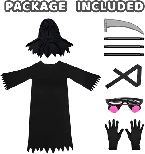 Vista 4 de Disfraz de Grim Reaper con ojos rojos brillantes para niños, incluye guadaña