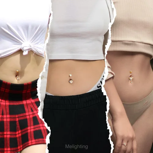Vista 6 de Melighting Piercing de ombligo de acero inoxidable 316L azul de 14G para mujer, circonita cúbica transparente, planeta, ombligo, luna, ombligo