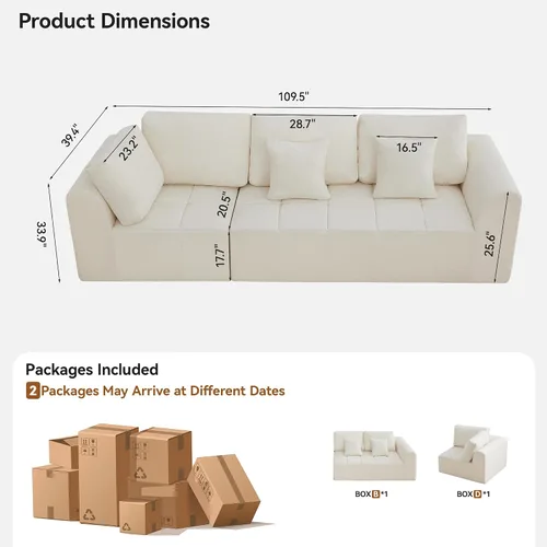 Vista 2 de Sofás seccionales modulares de 110 pulgadas para sala de estar, sofá seccional comprimido sin hueso, sofá de espuma viscoelástica tapizado de 3 Beige