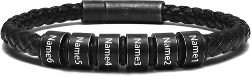 Vista 18 de Pulsera personalizada para hombre con cuentas de nombre personalizadas, pulsera de cuero trenzado personalizada grabada con 2-6 nombres