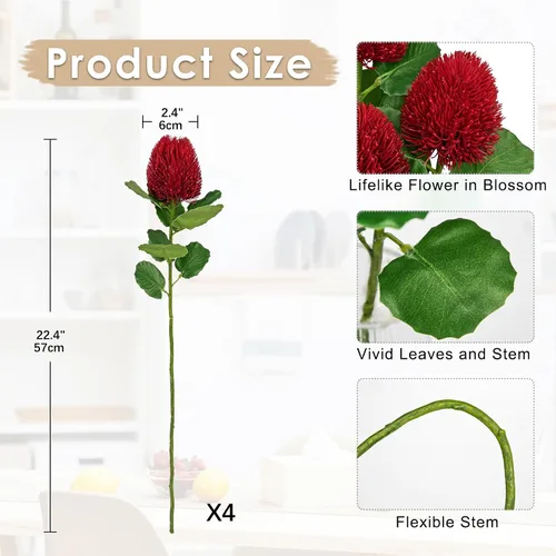 Vista 3 de GnFlus 4 ramos de flores rojas artificiales de 22 pulgadas para madres Borgoña