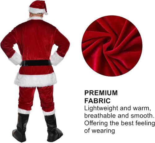 Vista 4 de Trajes de Papá Noel, disfraz clásico de Papá Noel, 9 piezas para hombres adultos, cosplay, vestido de Santa Claus de lujo