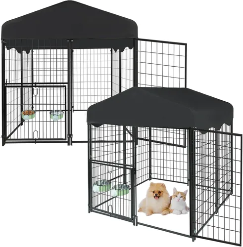 Vista 9 de Perrera para Perros al Aire Libre 4x4.2x4.5 pies, Perrera Exterior para Perros con Techo, Perreras Grandes para Perros con Puerta Giratoria y 2