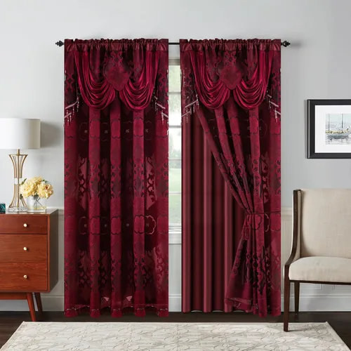Vista 24 de Petrichor Cortinas de gasa jacquard transparente borgoña (54 pulgadas de ancho x 63 pulgadas de largo), 2 paneles con cenefa adjunta, diseño floral