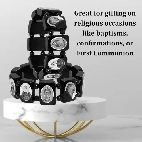 Vista 6 de Catholica Shop Pulseras elásticas de madera religiosas católicas devocionales. Paneles pequeños y grandes con imágenes surtidas de santos, Jesús