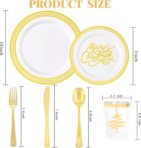 Vista 2 de LIYH 150Pcs Christmas Disposable Plastic Dinnerware Set, White Plates with Gold Line Printed, MERRY CHRISTMAS Pattern, Golden Cutlery, 9oz