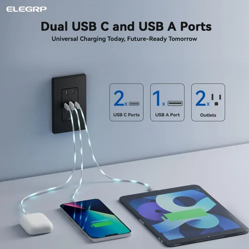 Vista 2 de ELEGRP Tomacorrientes USB, 30 W 6.0 Amp USB C, toma de pared USB de 3 puertos, toma de corriente resistente a manipulaciones de 15 amperios con 2