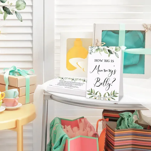 Vista 49 de Sabary 64 Piezas Juegos de Baby Shower Incluyen Letrero How Big is Mommy's Belly Sign Measure Bump Game 50 Tarjetas 10 Lápices 3 Cintas Métricas
