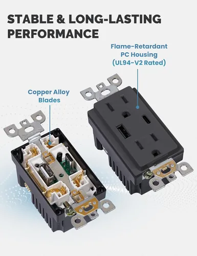 Vista 5 de MOES - Salidas USB (certificadas UL), puertos tipo C y USB-A, carga rápida de 5VDC 4.8A 24W, resistente a manipulaciones, compatible con caja