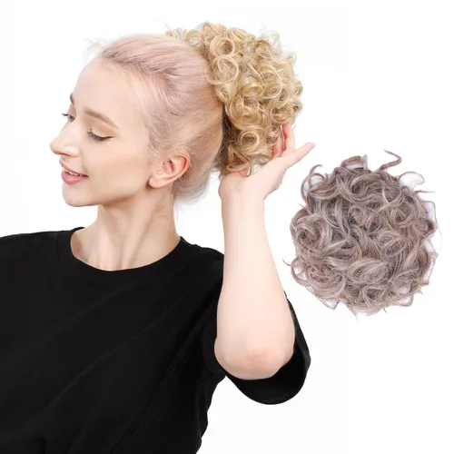 Vista 11 de Moño de cabello rizado desordenado, pieza de cabello sintético resistente al calor, extensiones de moño de cabello despeinado con cordón Updos Negro