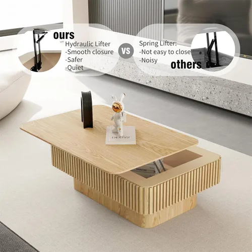 Vista 4 de LKTART Mesa de Centro con Tapa Elevable para Sala de Estar, Mesa de Centro Acanalada de Acento con Almacenamiento, Mesa de Té Central Rectangular