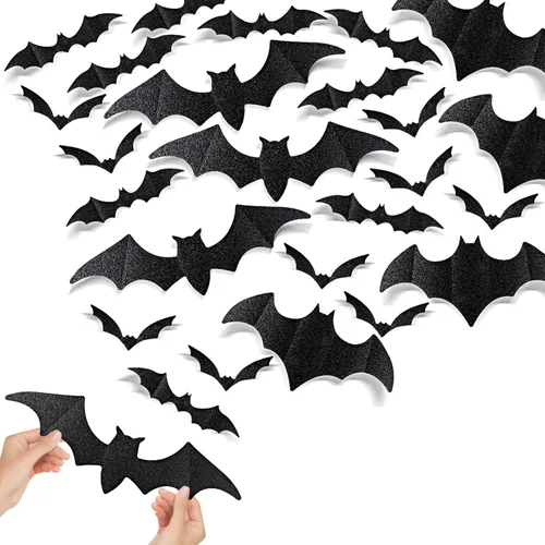Vista 7 de DIYASY 56 piezas de murciélagos grandes para decoración de pared, murciélagos colgantes con purpurina para Halloween, calcomanías de murciélagos