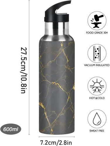 Vista 9 de Stainless Steel Water Bottle 20 Oz, BPA-Free Sport Water Bottle for Gym Outdoor Travel School, Gray Marble Gold Yellow