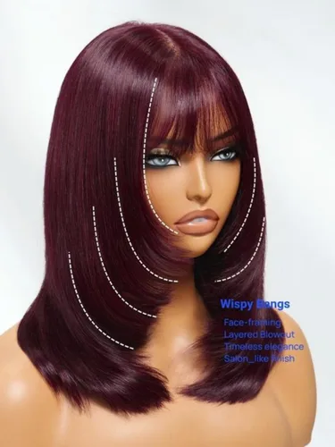 Vista 6 de Nadula Peluca de cabello humano lacio en capas con cordón corto de cereza negra y morada, con flequillo delgado, nudos de despedida de soltera