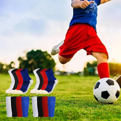 Vista 5 de Juego de 24 calcetines de fútbol con agarre juvenil con mangas de protección de espinilleras para niños y niñas 7-14 para fútbol y baloncesto