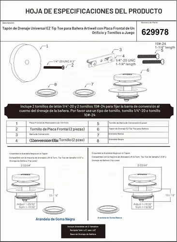 Vista 6 de Artiwell Kit universal de conversión de desagüe de bañera de punta – Kit de recambio de drenaje de bañera con placa frontal de desbordamiento de 1