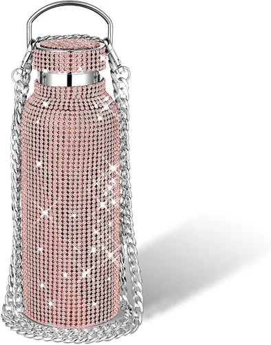 Vista 19 de Geiserailie Botella de agua con diamantes de imitación de acero inoxidable, térmica, recargable, aislada, con cadena, para mujeres y niñas