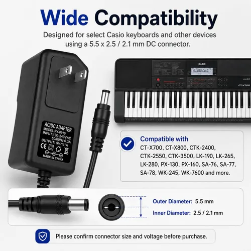 Vista 2 de 9V 1A AC Power Supply Charger Adapter Cord for Casio Digital Piano Keyboard CT-X700