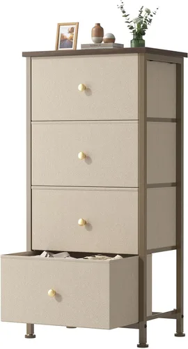 Vista 9 de Sweetcrispy Cómoda alta de tela para dormitorio, cómoda delgada de 6 cajones, torre de almacenamiento estrecha con parte superior de madera y marco