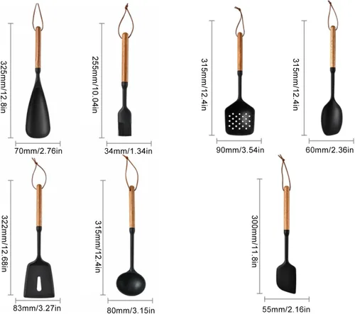 Vista 3 de Juego de utensilios de cocina de 7 piezas, espátula antiadherente de silicona a prueba de calor, espátula, cuchara con mango de madera para freír