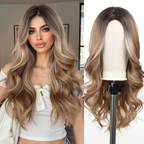 Vista 18 de Esmee Pelucas largas de color castaño rojizo ombré para mujer, peluca de cabello sintético ondulado y rizado natural para uso diario, fiestas