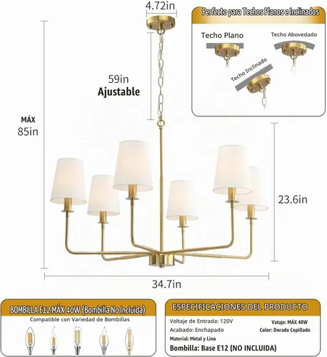 Vista 3 de Candelabro clásico de 6 luces con acabado dorado cepillado y pantallas de lino, base E12, lámpara rústica de techo para isla de cocina, comedor