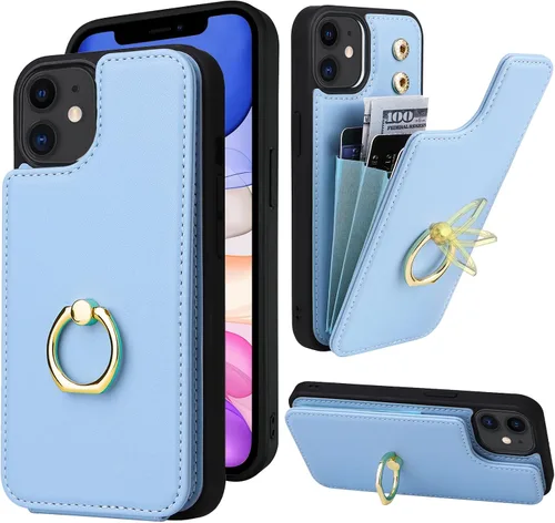 Vista 14 de Funda compatible con iPhone 11 con tarjetero y soporte para tarjetas, soporte de anillo de dedo de rotación de 360º, función atril, protección RFID