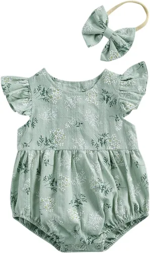 Vista 11 de Ropa de una pieza de verano para bebé niña, sin mangas, de algodón, lino, mameluco con diadema Albaricoque