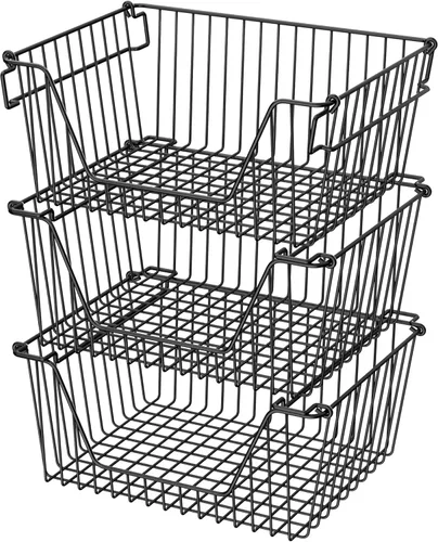 Vista 9 de Cestas de metal apilables de alambre resistente, organizador de gabinete de despensa de alambre con asa para el hogar, baño, cocina, organización