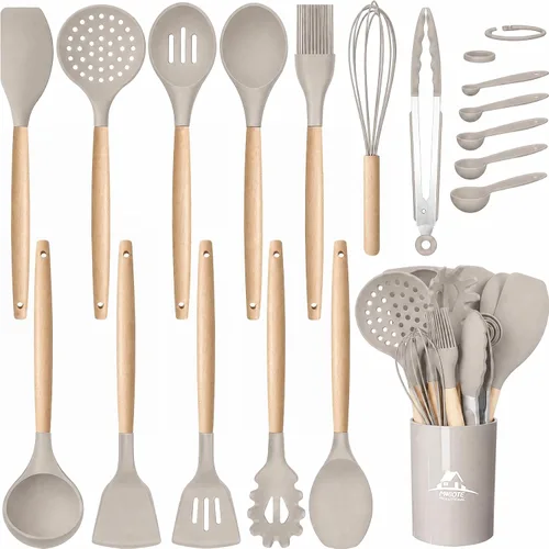 Vista 10 de MIBOTE Juego de utensilios de cocina de silicona con soporte, mangos de madera, pinzas para voltear, espátula, cuchara, utensilios de cocina