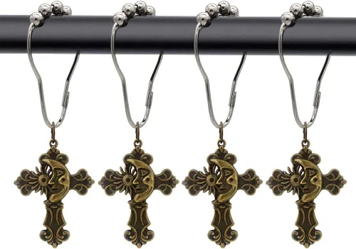 Vista 7 de 12 ganchos de cortina de ducha con cruz vintage para baño, anillos de cortina de acero inoxidable a prueba de óxido con colgante de cruz para Cruz