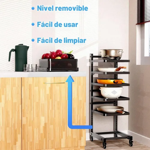 Vista 5 de Estante ajustable multifuncional de 6 niveles para sartén y olla para gabinete (estante para ollas de piso de 6 niveles)