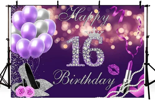 Vista 3 de Telón de fondo de feliz cumpleaños número 16 de 7 x 5 pies, globos Bokeh morados con purpurina plateada con purpurina, fondo de lápiz labial