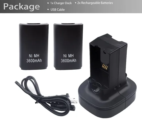 Vista 5 de 2-Pack Xbox 360 Controller Rechargeable Battery (3600mAh) with Dual Charging Dock Charger Station Stand Base, fit for Xbox 360 Wireless Controller
