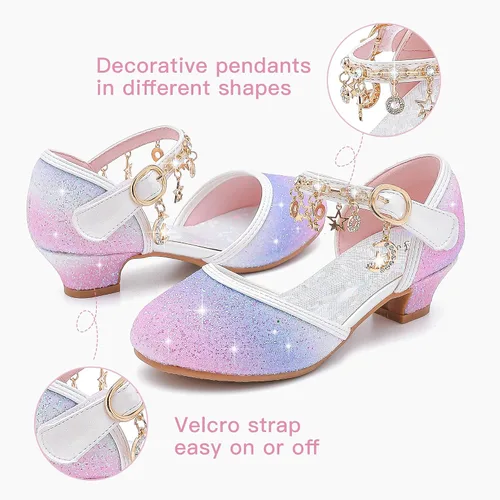 Vista 3 de Furdeour Sandalias para niñas con lazo brillante, zapatos de vestir de princesa con tacones altos de cristal, para fiestas, bodas, flores, zapatos