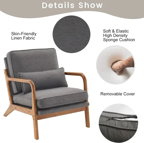 Vista 6 de Silla decorativa para sala de estar, sillón tapizado moderno de mediados de siglo con almohada, sillón de lectura, cómoda silla decorativa para Gris