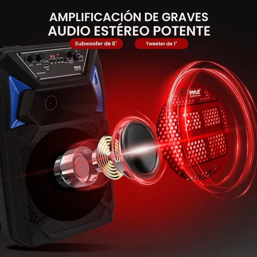 Vista 2 de Pyle Altavoz PA Bluetooth y sistema de micrófono, altavoz de karaoke portátil con micrófono con cable, luces LED de fiesta integradas, radio FM