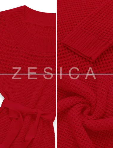 Vista 4 de ZESICA Women's 2024 Fall Long Sleeve Solid Color Waffle Knitted Tie Waist Tunic Pullover Sweater Dress